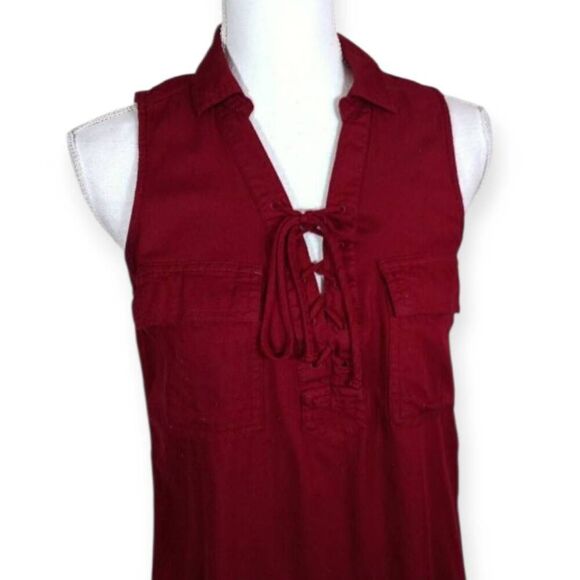 SO BURGUNDY COLLARD LACE UP SLEEVELESS SHIRT DRESS SZ.XS EUC. - Picture 2 of 8